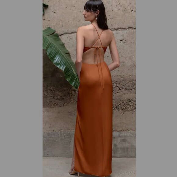 Jenny Yoo Kindra Dress - Copper Satin Halter Gown, Size 4, Strappy Back & Waist - Picture 3 of 3